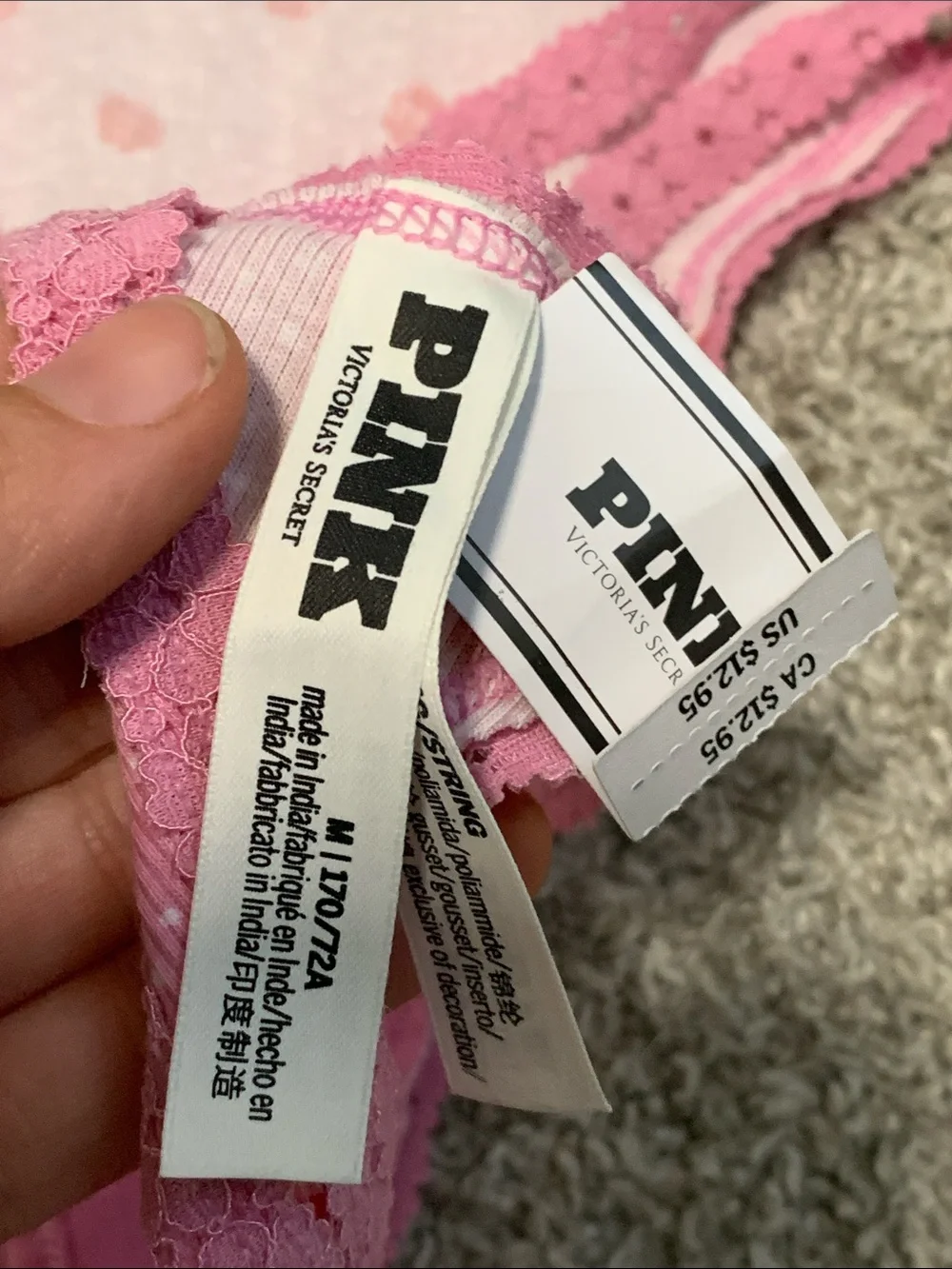 NWT Pink Victoria’s Secret Pink Lace Trim Thong Panty with Red Heart Print - Picture 5 of 5